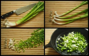 Image split into 4 sections showing green garlic stalks whole, then spread out, then chopped up, then sautéing in a pan.
