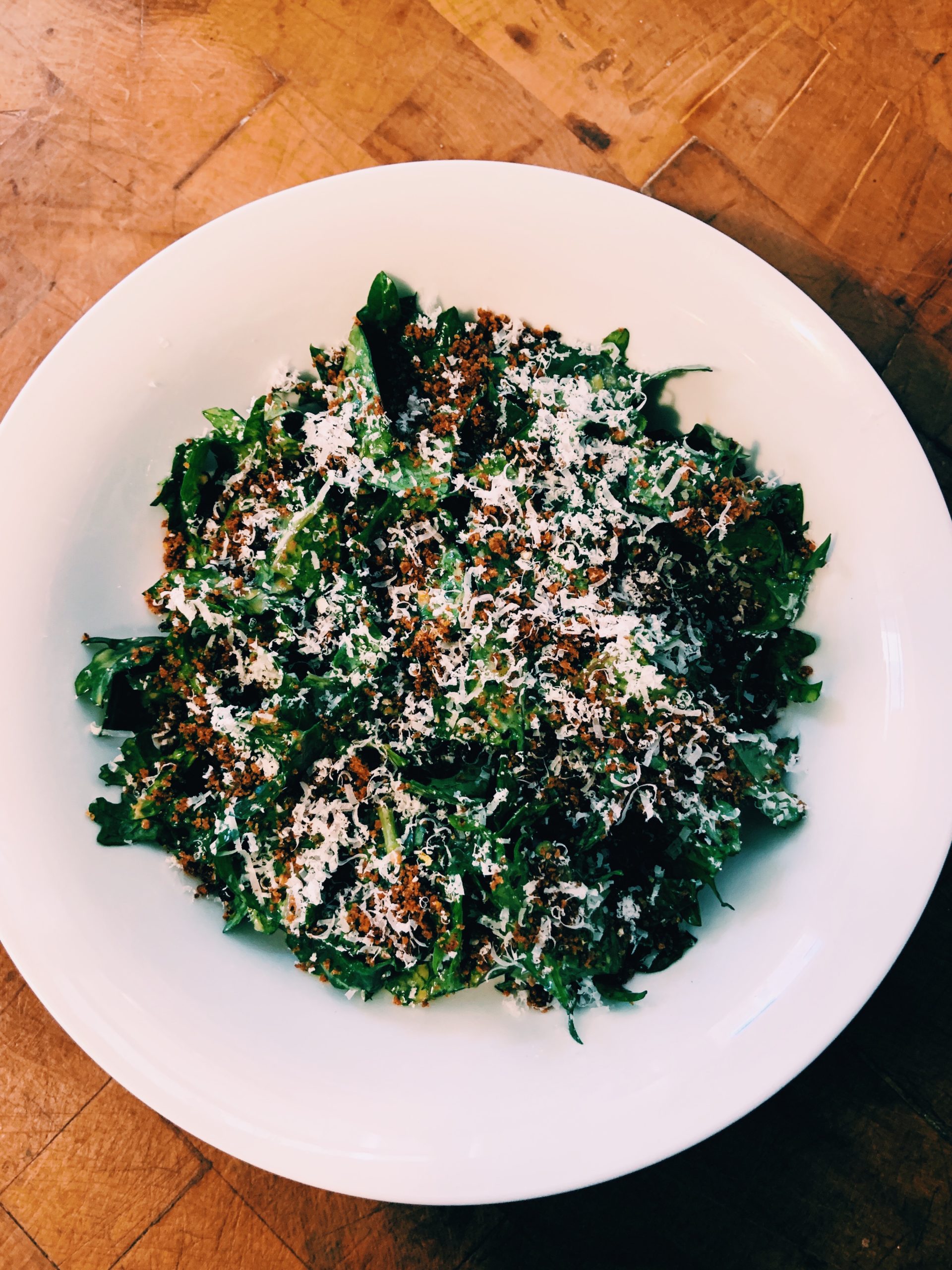 Red Russian Kale Caesar Salad with Parmesan Cheese. Recipe by Michael Joyce with Taproot Farm, PA. 