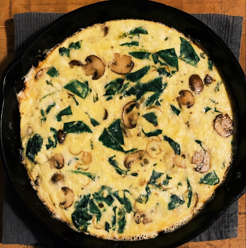 Swiss Chard and Ramp Frittata in a cast iron skillet. Recipe by Michael Joyce with Taproot Farm, PA.
