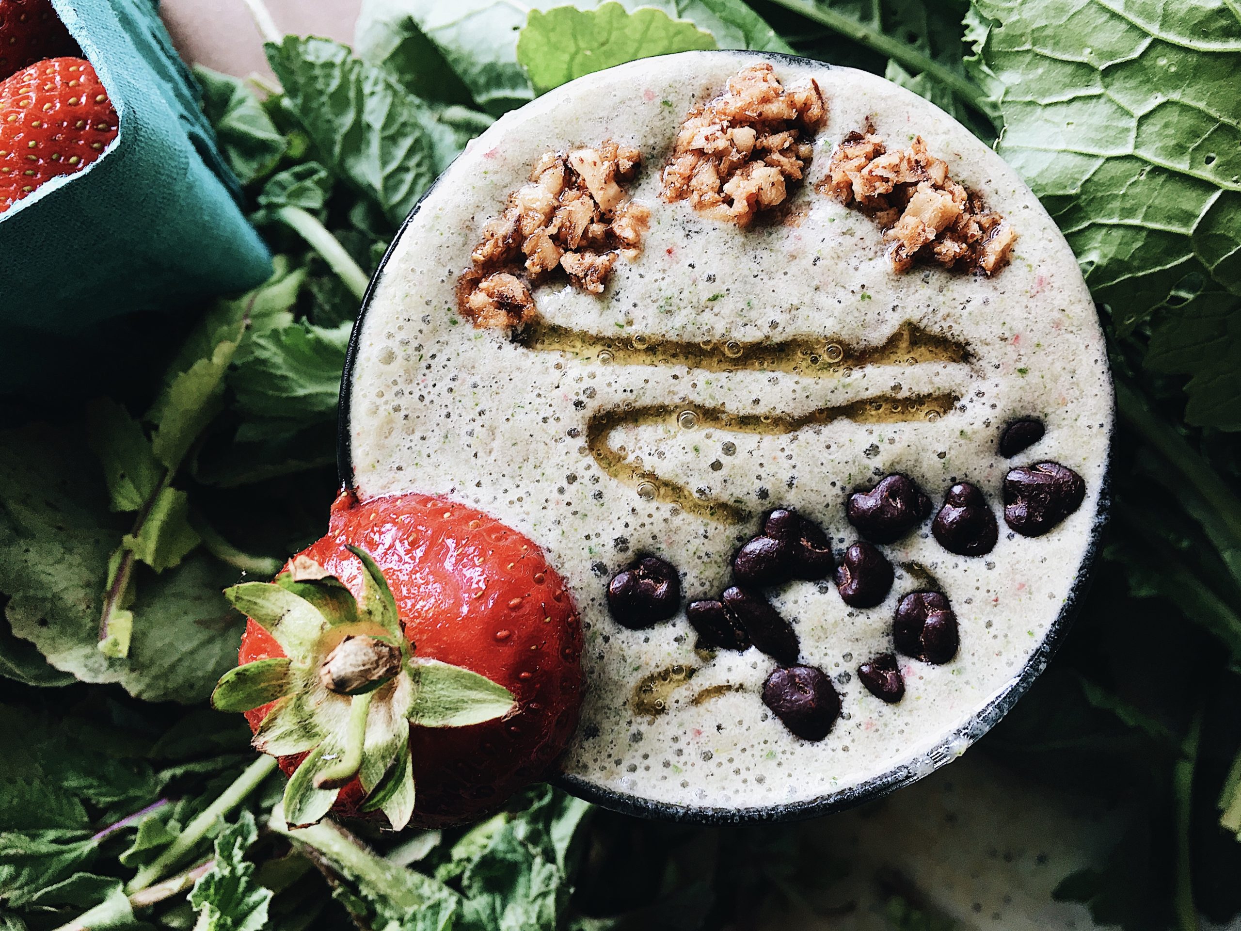 Root Vegetable Greens and Strawberry Smoothie. Recipe by Alysha Melnyk with Taproot Farm, PA.