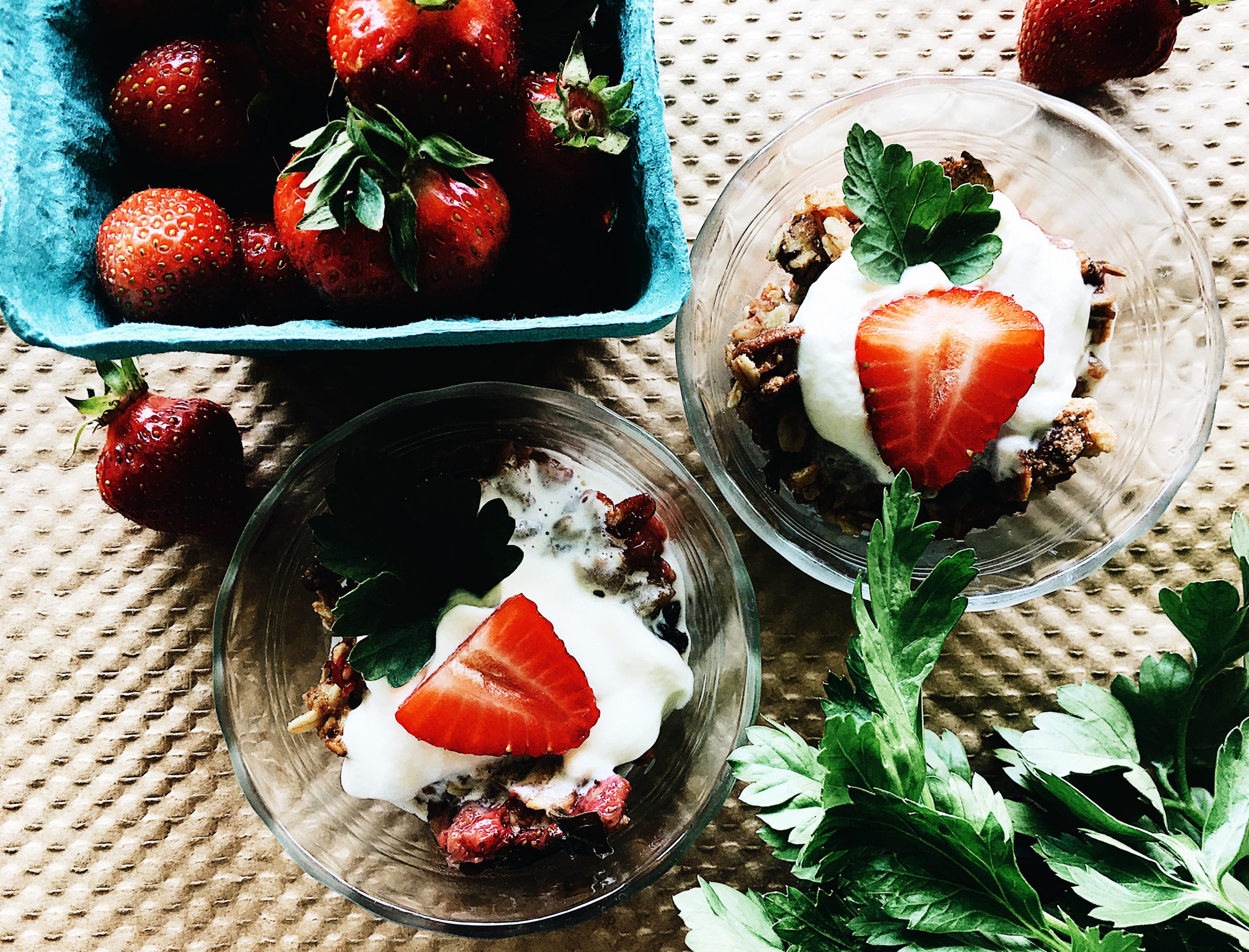 Baked Strawberry, Rhubarb and Parsley Crisp. Recipe by Alysha Melnyk with Taproot Farm, PA.