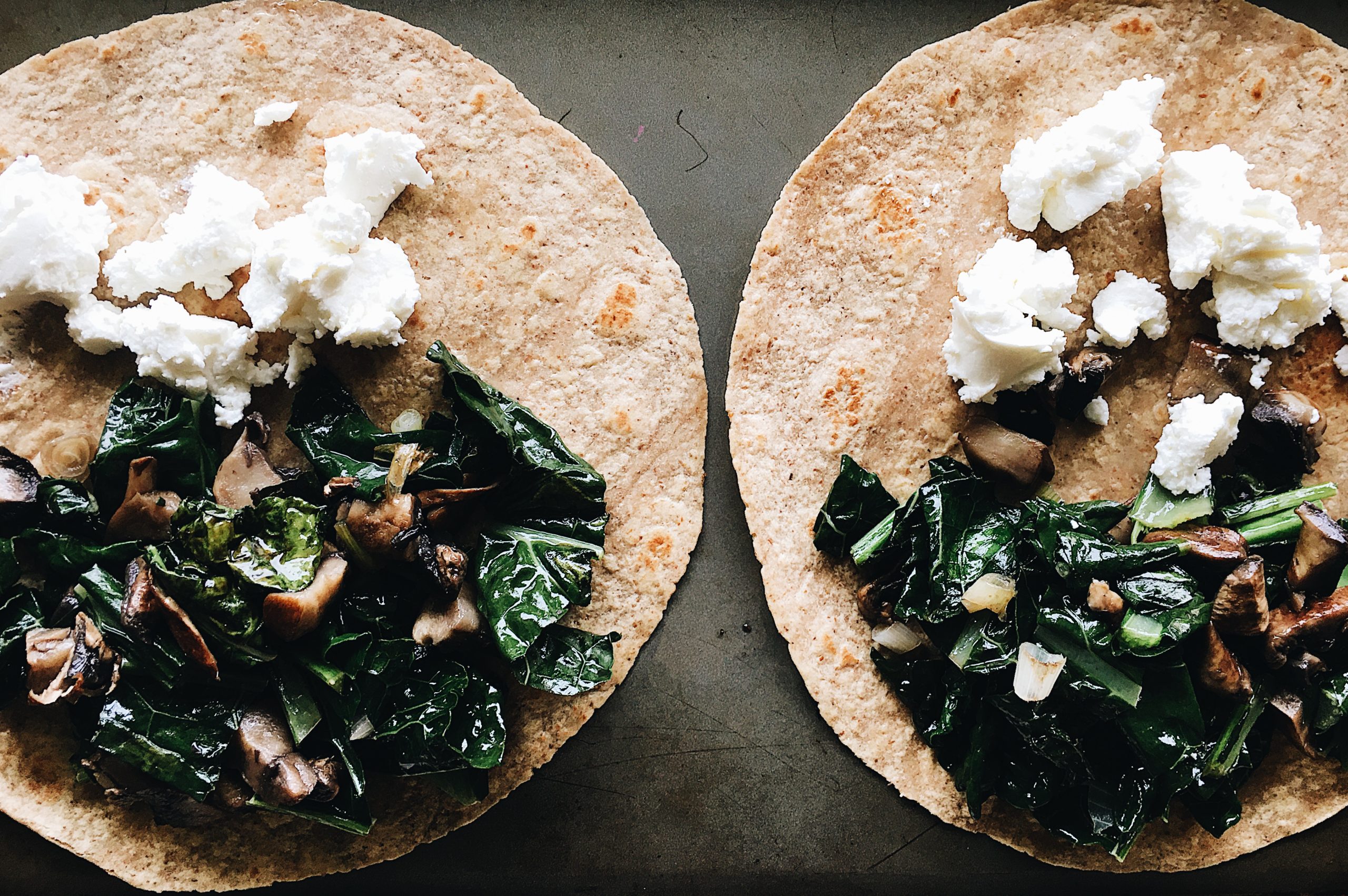 Process photo for Kale, Mushroom and Goat Cheese Quesadillas. Recipe by Alysha Melnyk with Taproot Farms, PA.