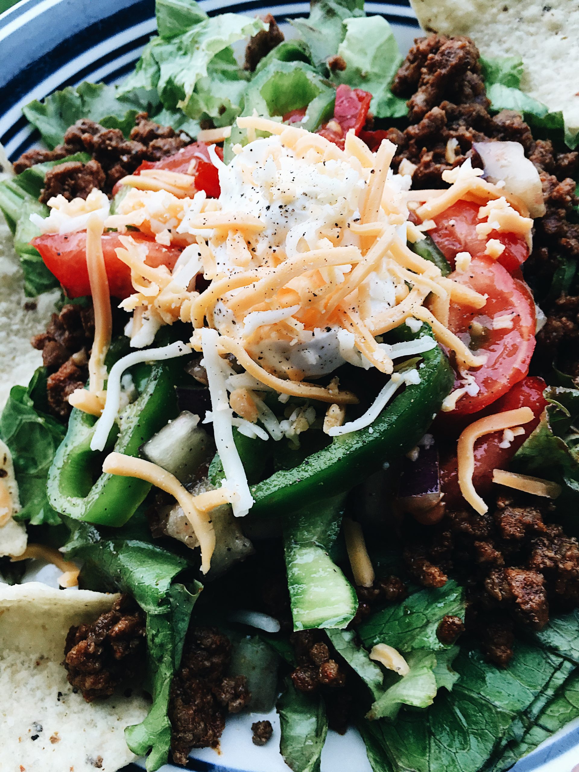 Detail shot of Summer Taco Salad, made with Bell Peppers, Sweet Peppers, Tomatoes and Cheese. Recipe by Alysha Melnyk with Taproot Farm. 